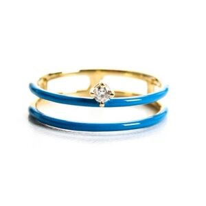 🦋Persee Womens 18K Yellow Gold 0.05CT Diamond Blue Enamel Ring Size 7.5 2.5g NEW
